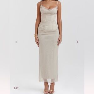 House of CB Cream Fitted Maxi Dress with Delicate Lace Trim